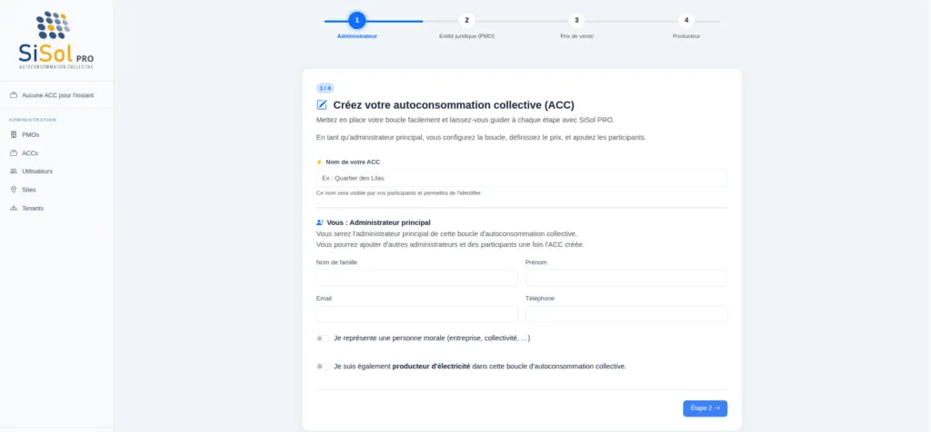 Formulaire de création d'une ACC dans SiSol PRO