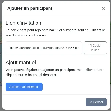 Choix entre l'ajout manuel d'un participant et l'envoi d'un lien d'invitation