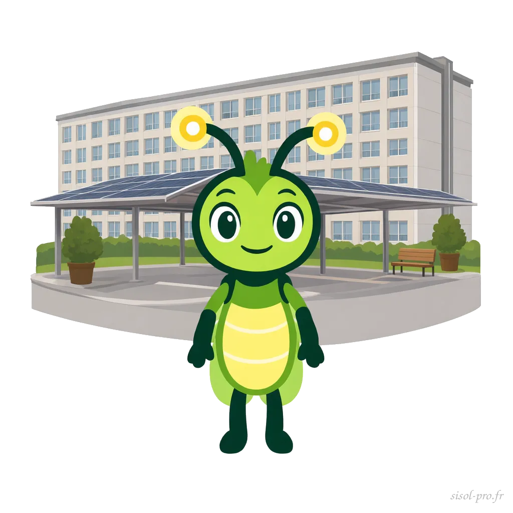 Mascotte devant un immeuble avec une ombrière solaire