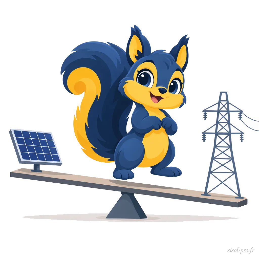 Mascotte en équilibre sur une balançoire entre un panneau solaire et un pylône électrique