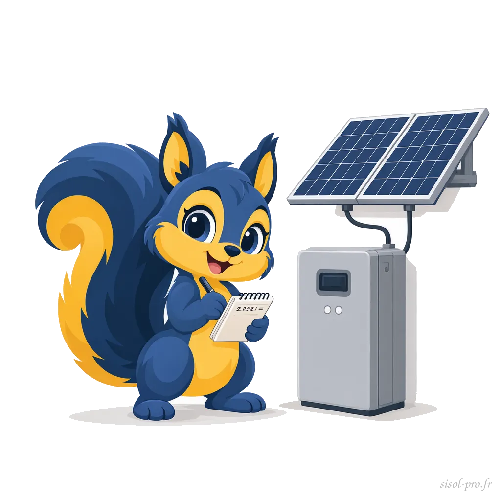 Mascotte à côté d'une batterie de stockage reliée à des panneaux solaires