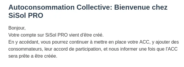 E-mail de bienvenue SiSol PRO envoyé à un participant avec ses accès