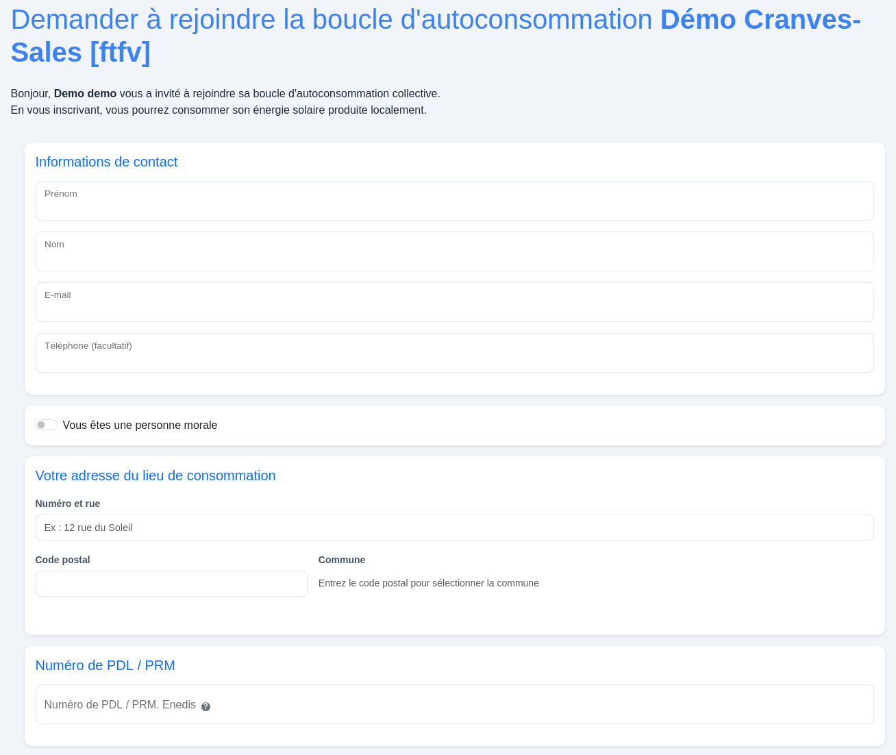 Formulaire d'adhésion à une opération dans SiSol PRO : coordonnées, adresse du lieu de consommation et numéro de compteur PDL ou PRM