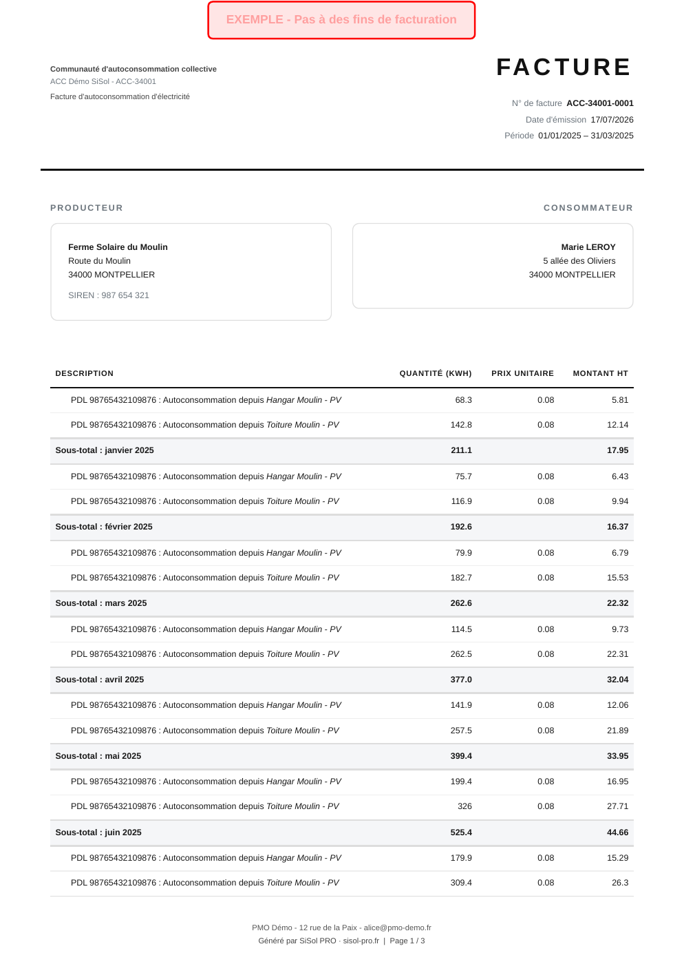 Aperçu de la première page d'une facture générée par SiSol PRO