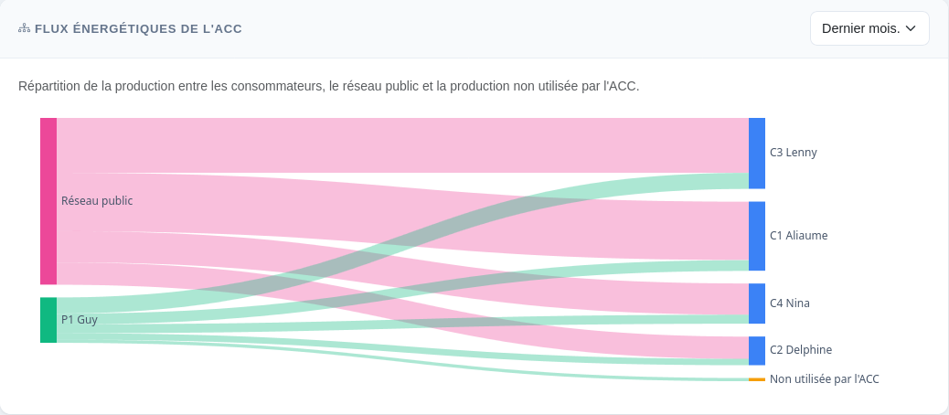 Flux énergétiques d'une ACC sur le dernier mois dans SiSol PRO : la production du producteur et le réseau public répartis entre les consommateurs, et la production non utilisée par l'ACC
