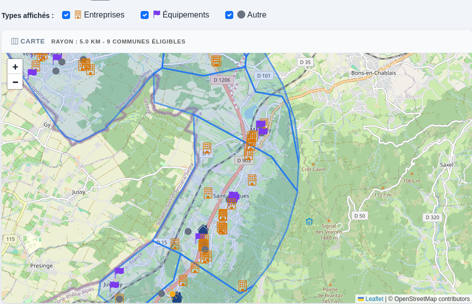 Carte de recherche de consommateurs : entreprises et équipements dans un rayon de 5 km, avec les communes éligibles